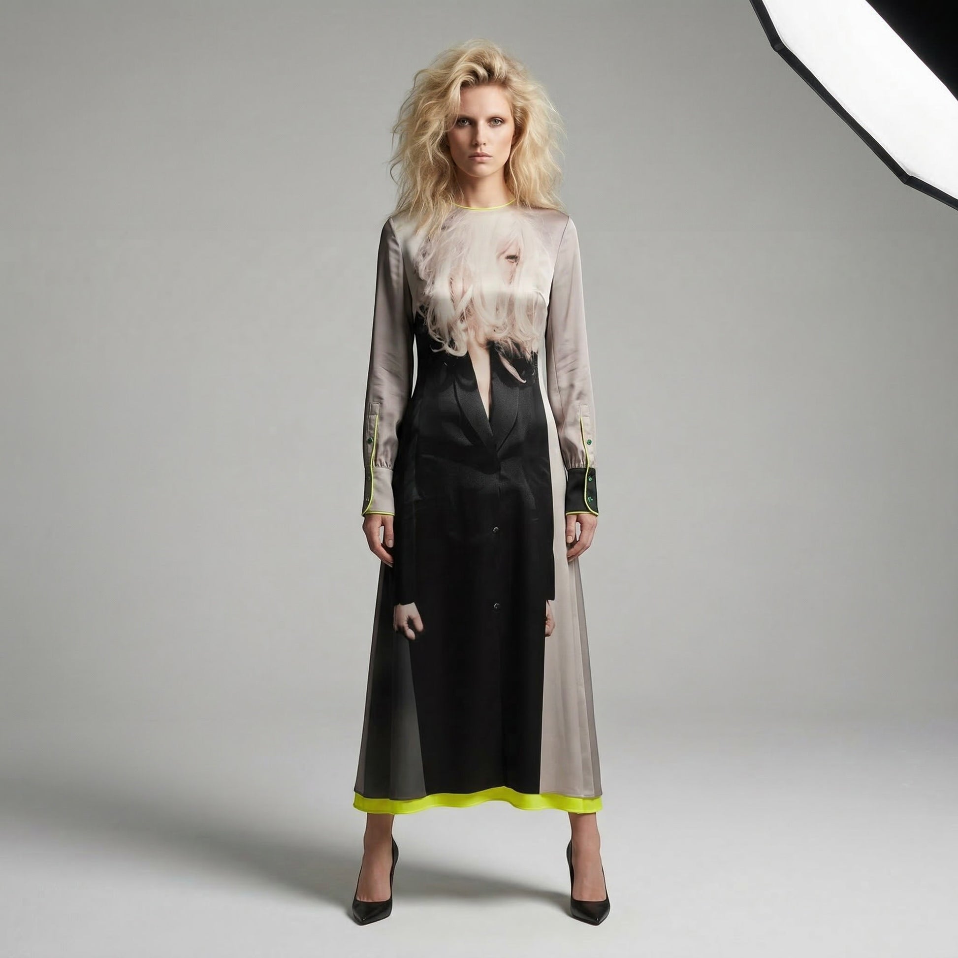 Tasoni multi-coloured long sleeve silk dress with a graphic print and yellow lining. Model wears black heels.