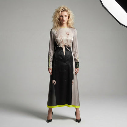 Tasoni multi-coloured long sleeve silk dress with a graphic print and yellow lining. Model wears black heels.