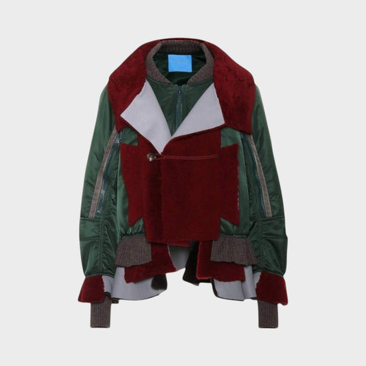 Tasoni panelled bomber jacket in green nylon with burgundy leather and shearling inserts, grey accents, and ribbed cuffs.