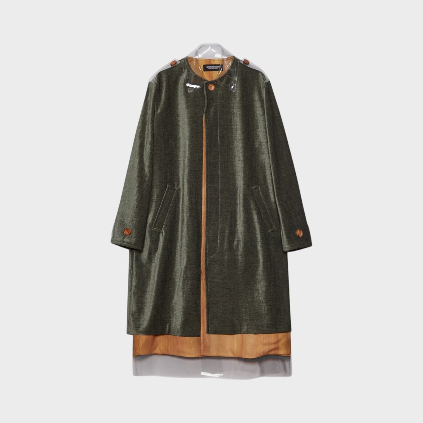 Tasoni moss green button-up coat with transparent collar and hem detail, featuring a textured fabric and contrasting tan inner layer.