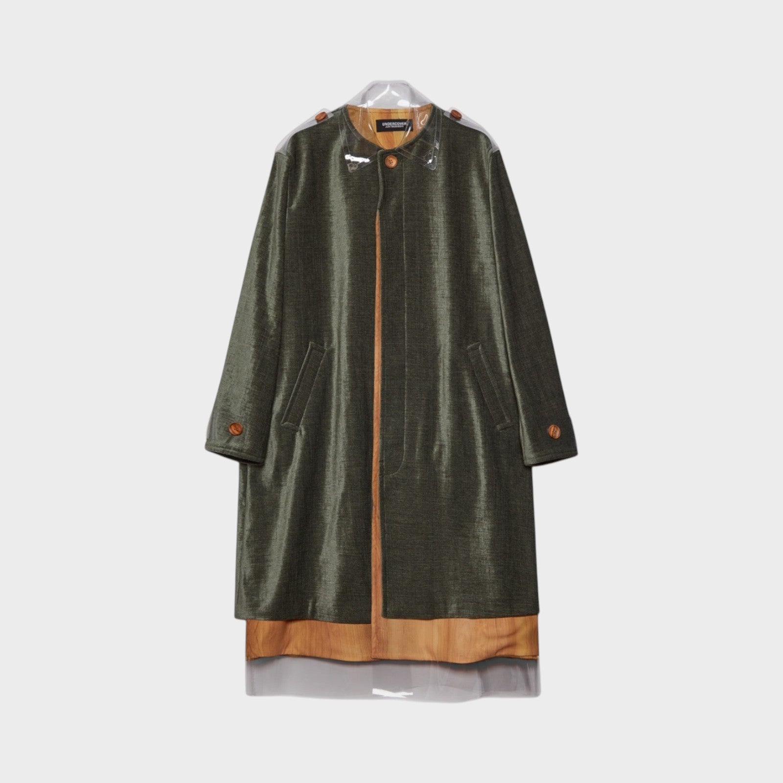 Tasoni moss green button-up coat with transparent collar and hem detail, featuring a textured fabric and contrasting tan inner layer.