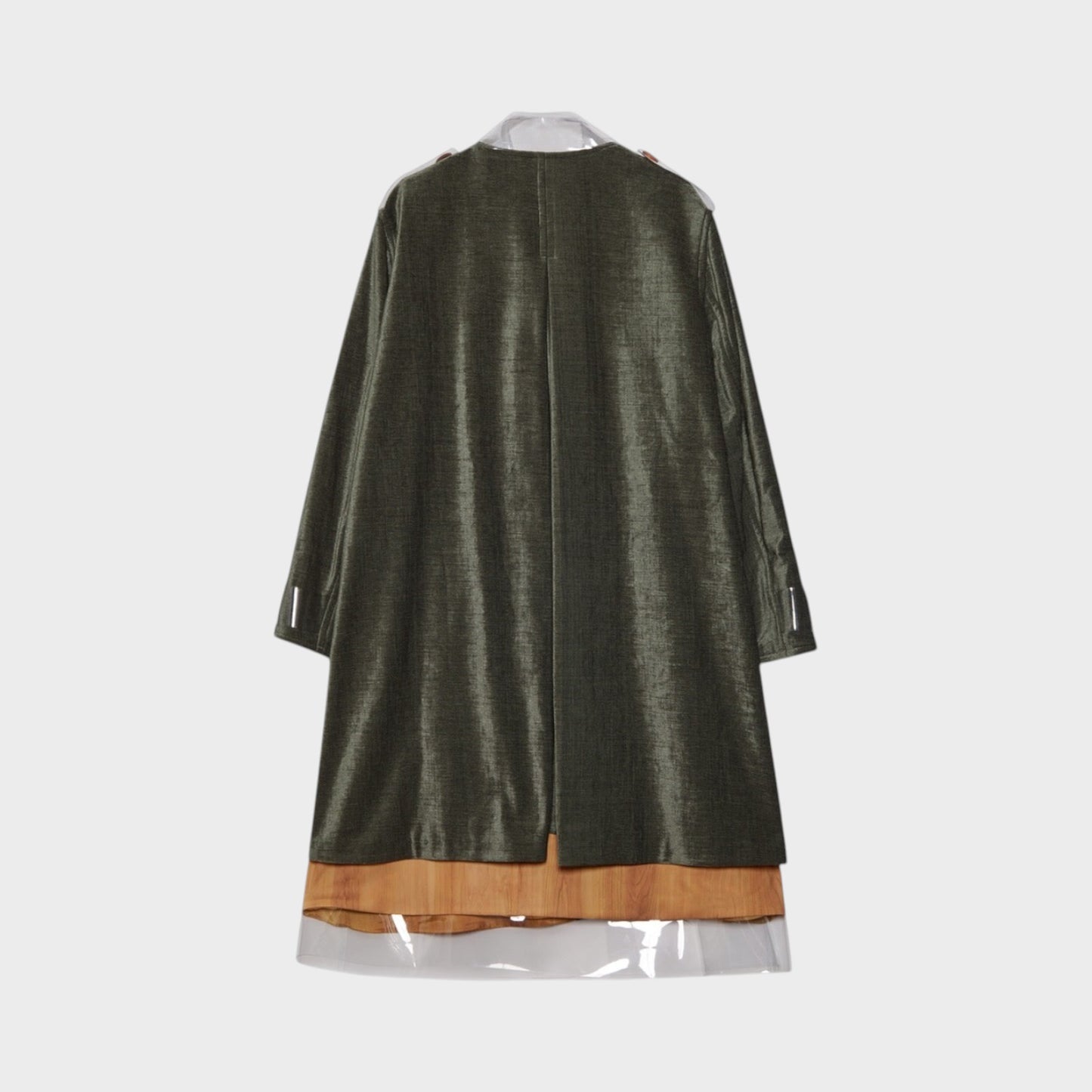 Tasoni green button-up coat with transparent collar and hem detail, featuring a layered effect with tan and clear panels.