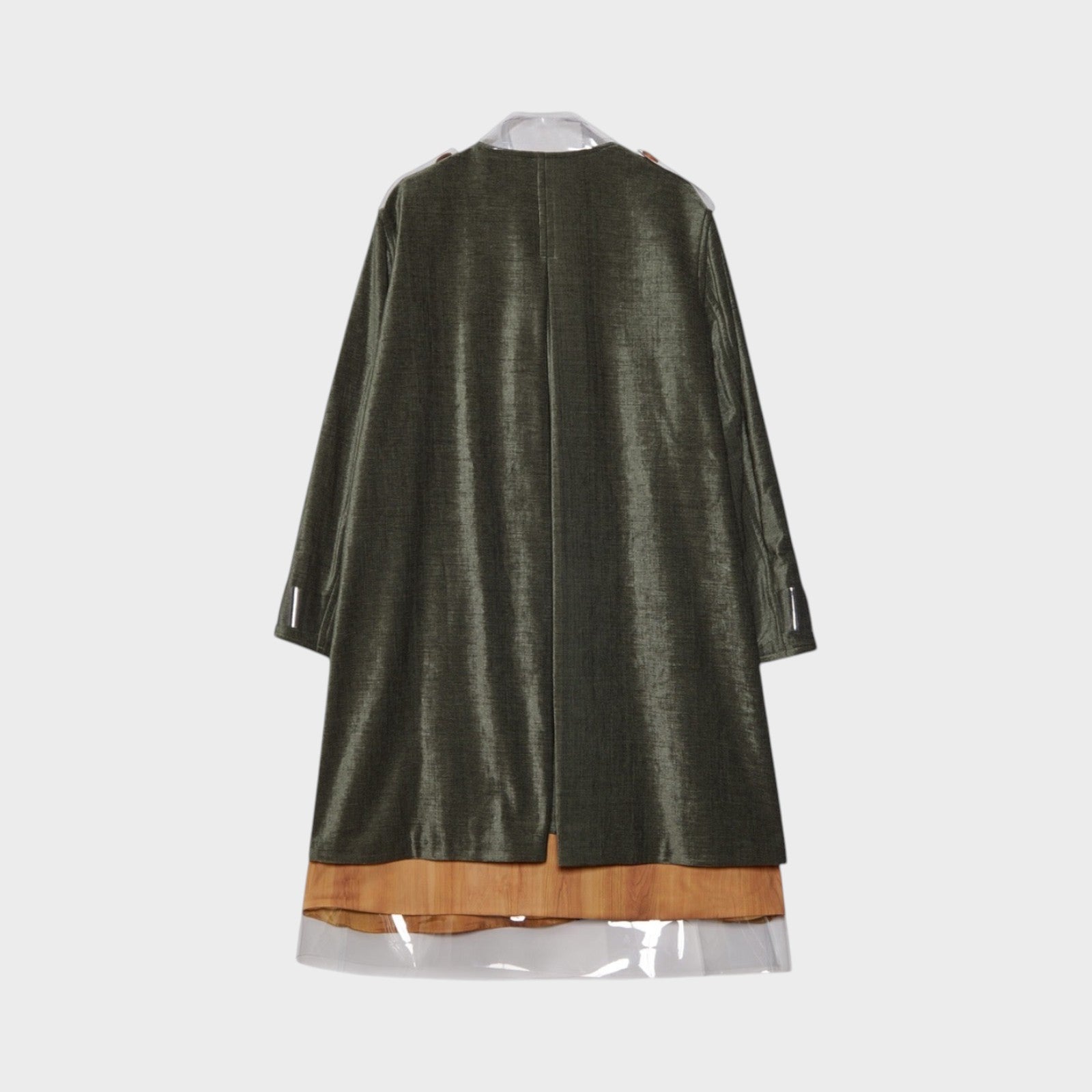 Tasoni green button-up coat with transparent collar and hem detail, featuring a layered effect with tan and clear panels.