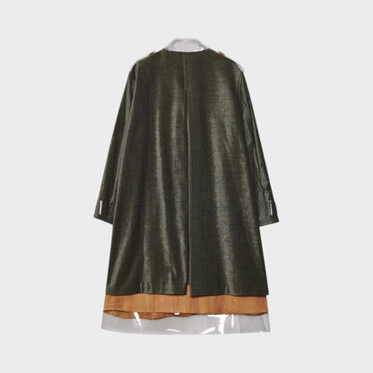 Tasoni green button-up coat with transparent collar and hem detail, featuring a layered effect with tan and clear panels.