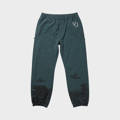 Tasoni green trousers with elastic waist and grey UFO print, featuring a VU logo.