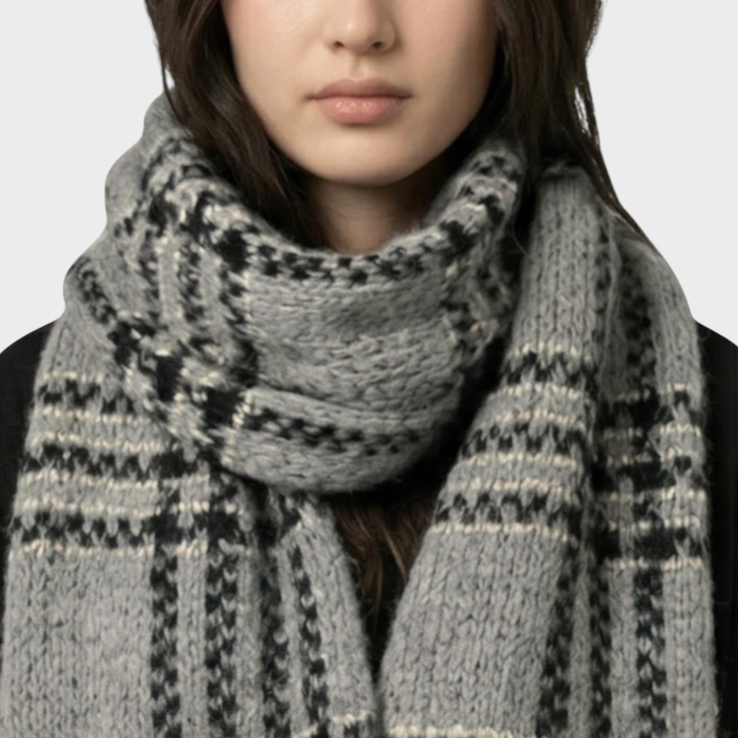 Tasoni grey and black mohair and wool oversized check scarf with a chunky knit texture.