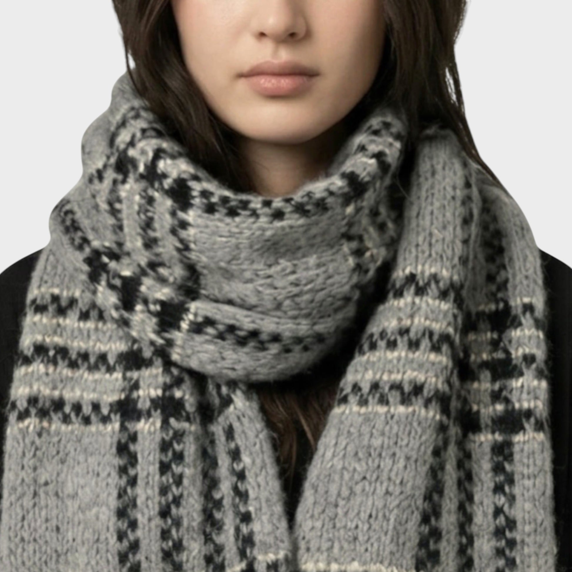 Tasoni grey and black mohair and wool oversized check scarf with a chunky knit texture.