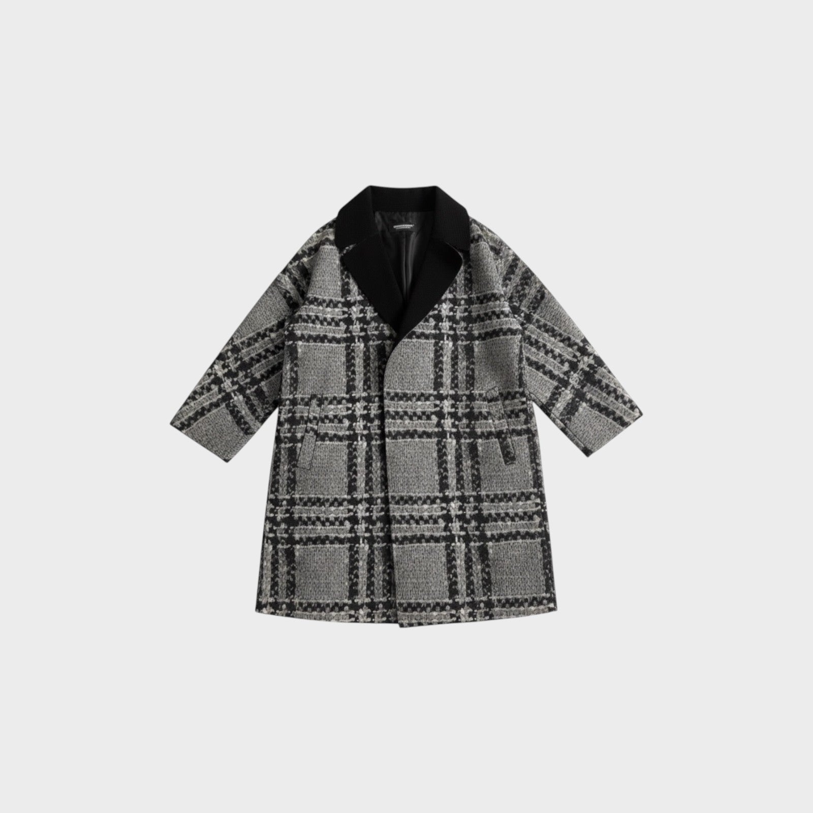 Tasoni grey and black oversized kimono coat with a knit plaid print and black collar.