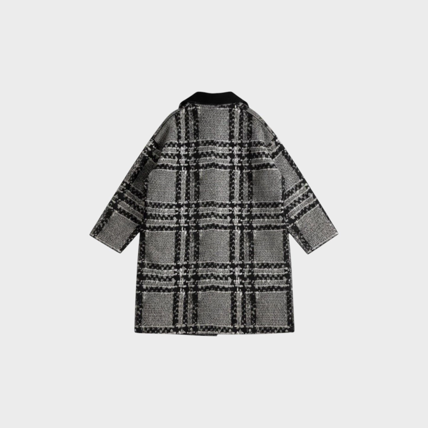 Tasoni grey and black oversized knit coat with plaid pattern and black collar.