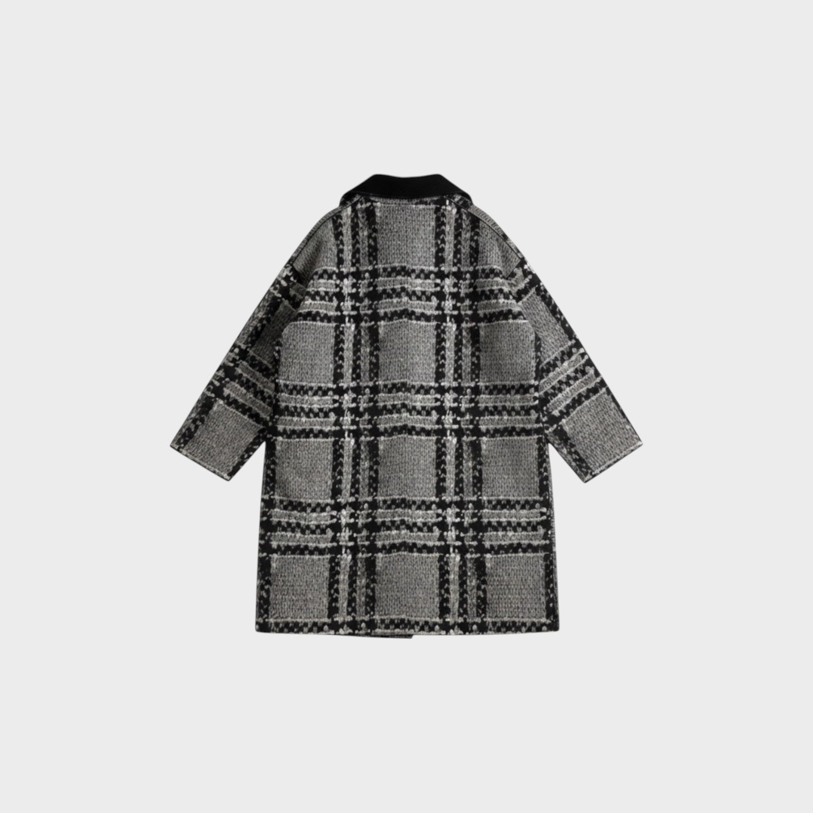 Tasoni grey and black oversized knit coat with plaid pattern and black collar.