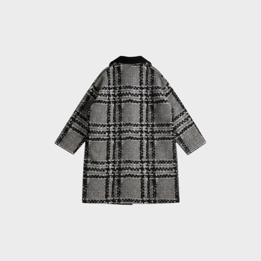 Tasoni grey and black oversized knit coat with plaid pattern and black collar.