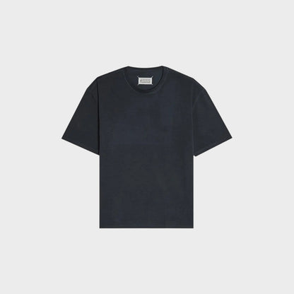 Tasoni Maison Margiela classic grey cotton crew neck t-shirt with white label detail.
