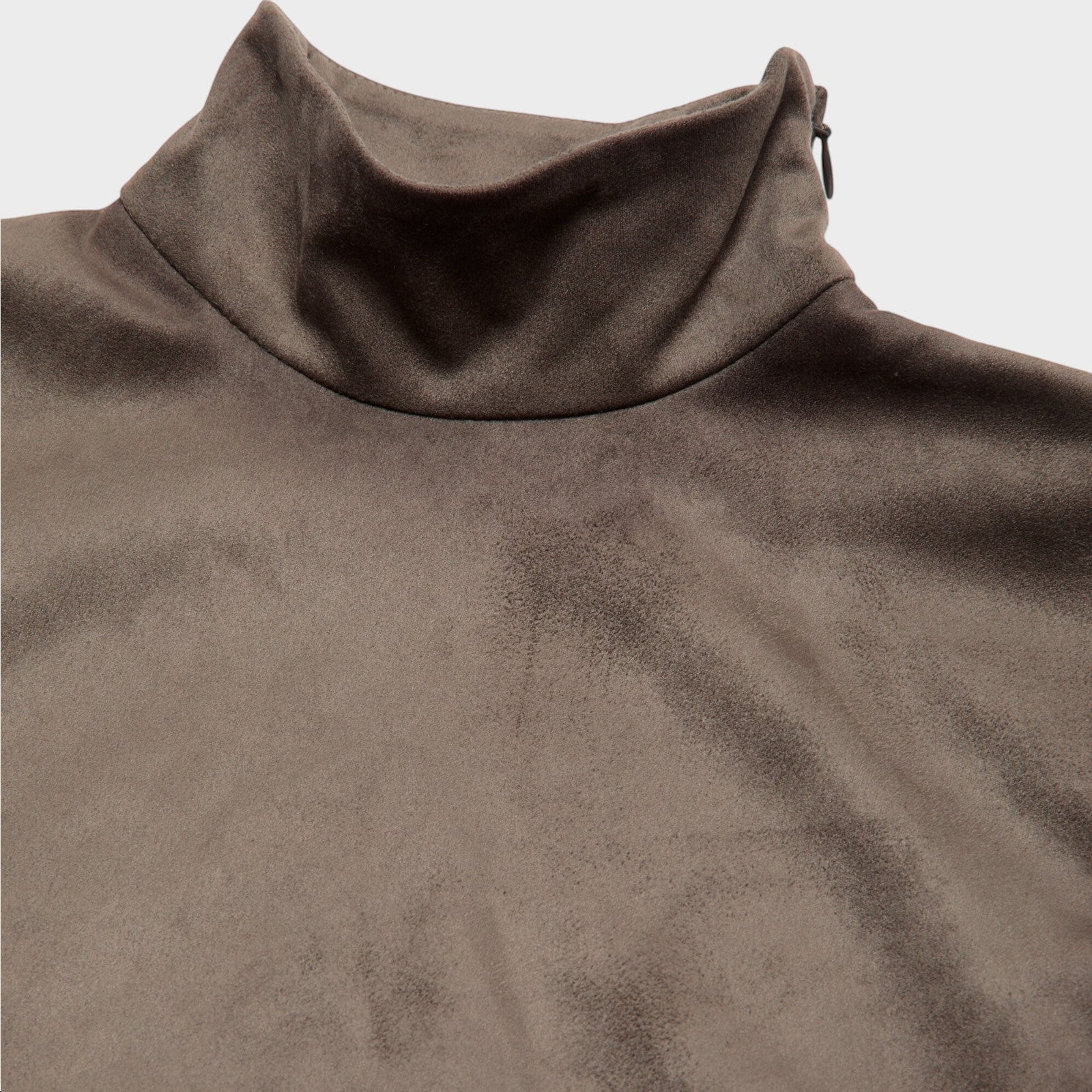 Tasoni grey high neck long sleeve top in ash grey with trompe-l’œil body print detail.
