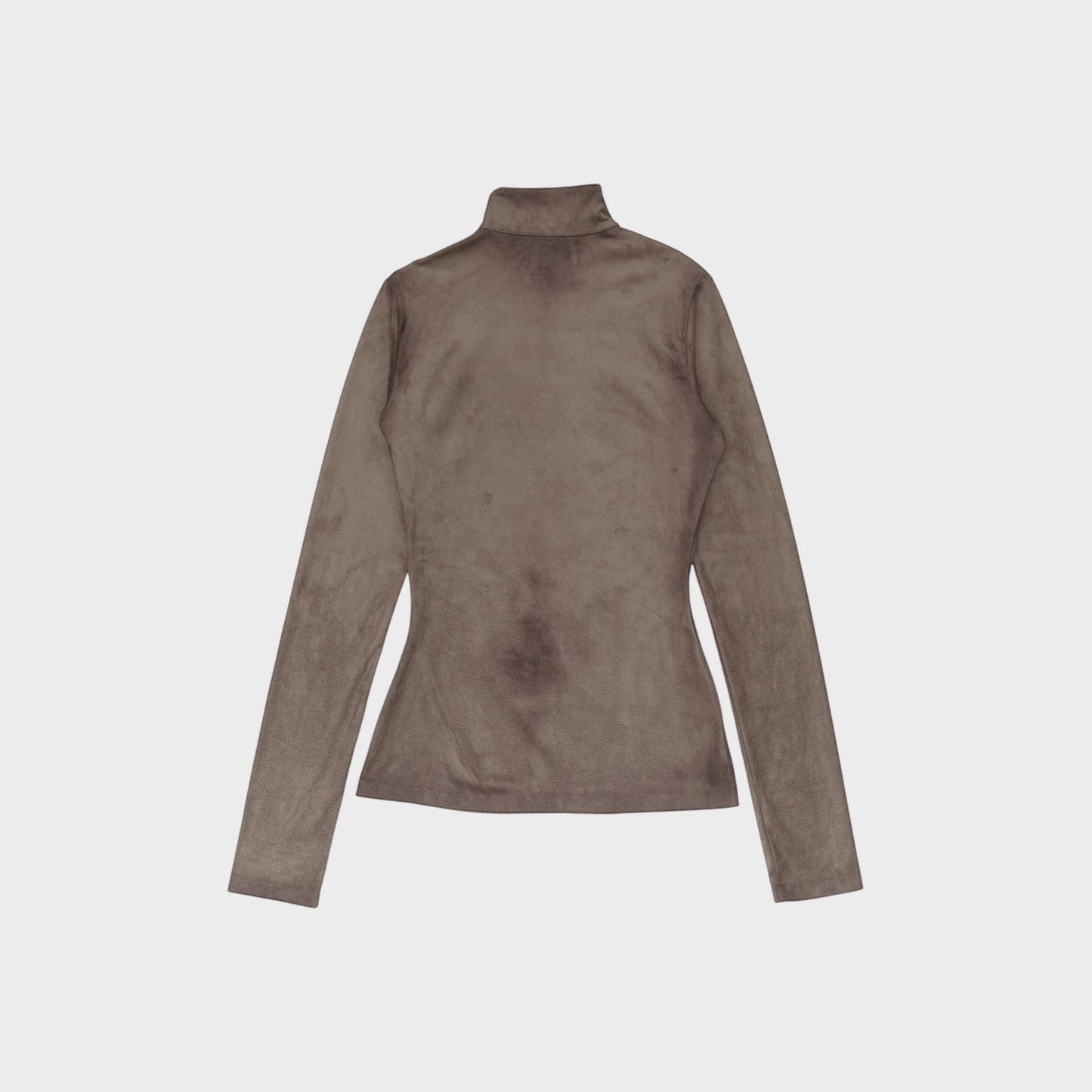 Tasoni grey high neck long sleeve top with trompe-l’œil body print, made of soft fabric.
