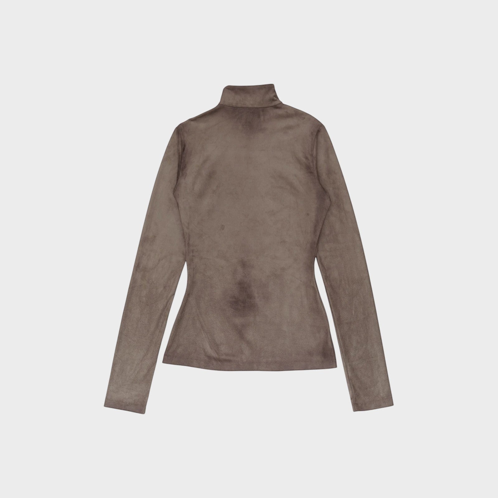 Tasoni grey high neck long sleeve top with trompe-l’œil body print, made of soft fabric.