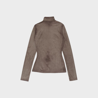 Tasoni grey high neck long sleeve top with trompe-l’œil body print, made of soft fabric.
