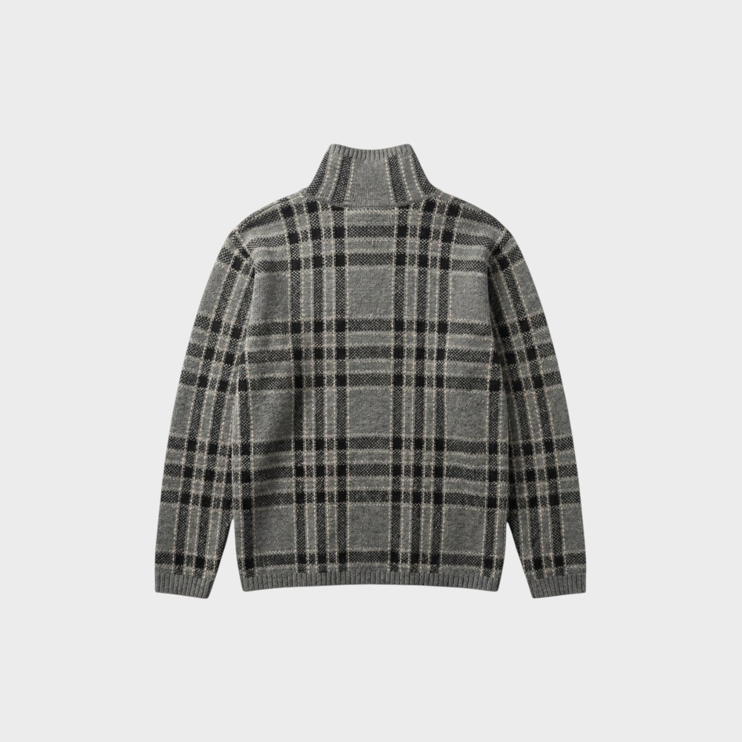 Tasoni grey wool plaid turtleneck sweater with a classic tartan pattern and ribbed cuffs and hem.