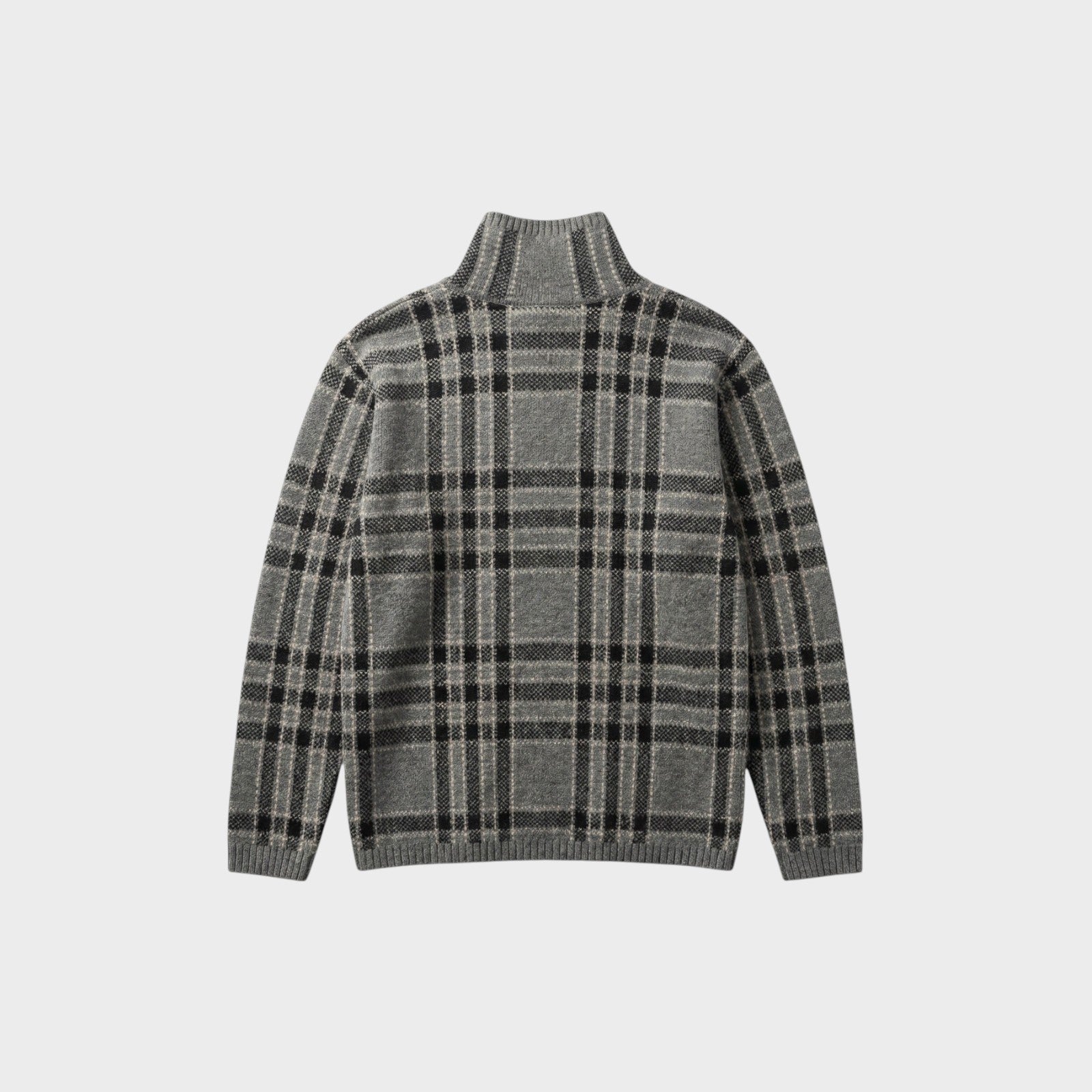 Tasoni grey wool plaid turtleneck sweater with a classic tartan pattern and ribbed cuffs and hem.