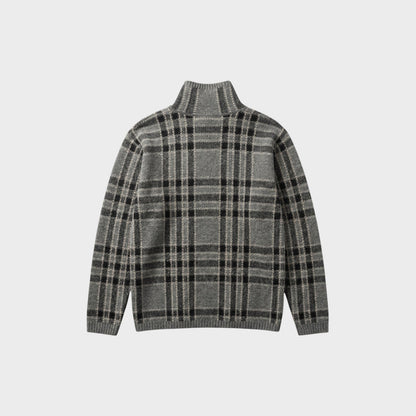 Tasoni grey wool plaid turtleneck sweater with a classic tartan pattern and ribbed cuffs and hem.