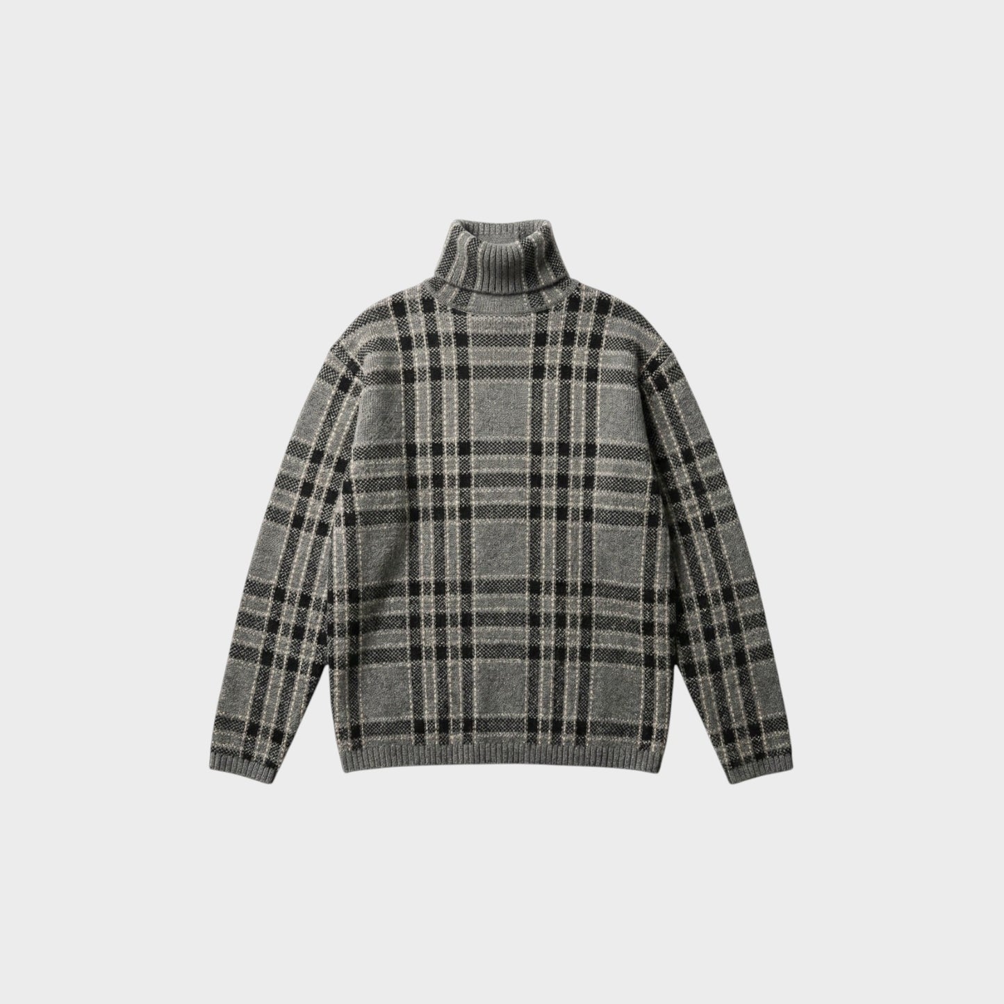 Tasoni grey wool blend turtleneck sweater with black and beige plaid pattern. Long sleeves and ribbed cuffs and hem.
