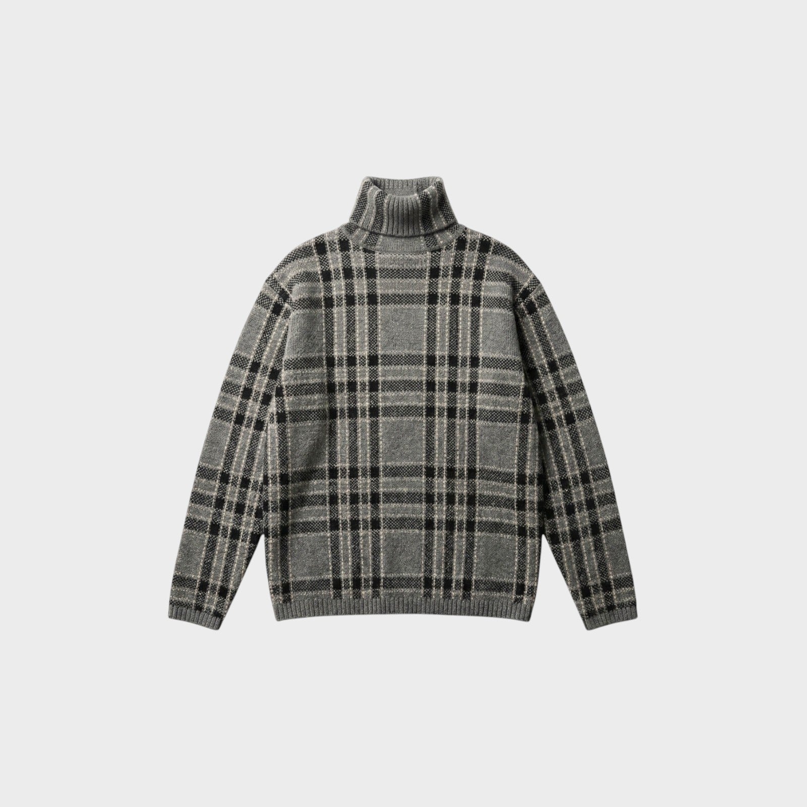 Tasoni grey wool blend turtleneck sweater with black and beige plaid pattern. Long sleeves and ribbed cuffs and hem.