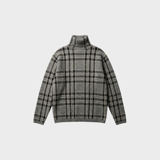 Tasoni grey wool blend turtleneck sweater with black and beige plaid pattern. Long sleeves and ribbed cuffs and hem.