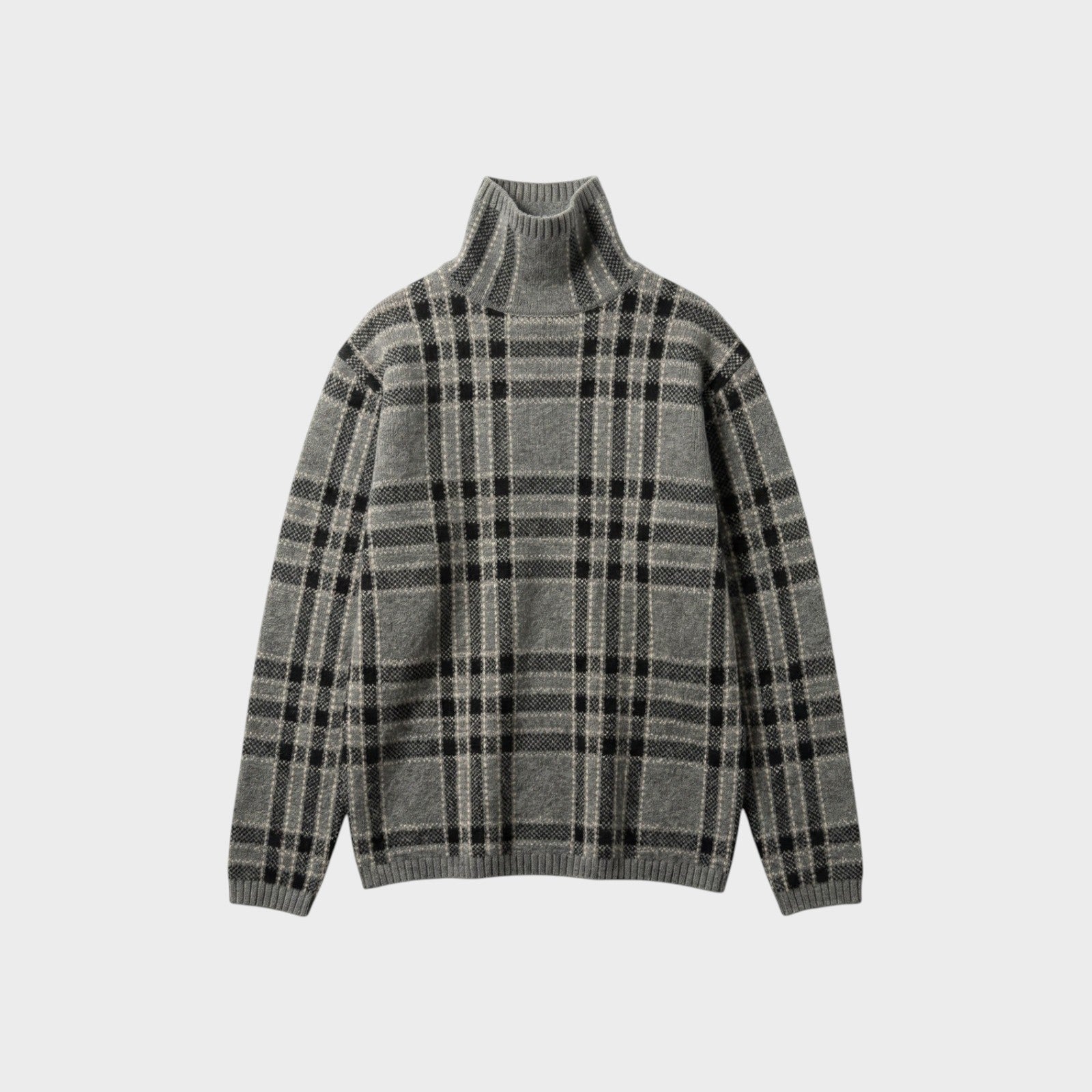 Tasoni grey wool turtleneck sweater with a black and beige plaid pattern. Long sleeves and ribbed cuffs and hem.