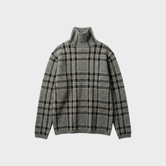 Tasoni grey wool turtleneck sweater with a black and beige plaid pattern. Long sleeves and ribbed cuffs and hem.