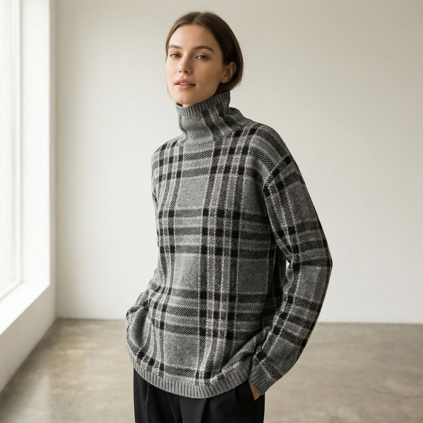 Tasoni grey wool turtleneck sweater with black plaid pattern. Model wearing sweater with hands in pockets.