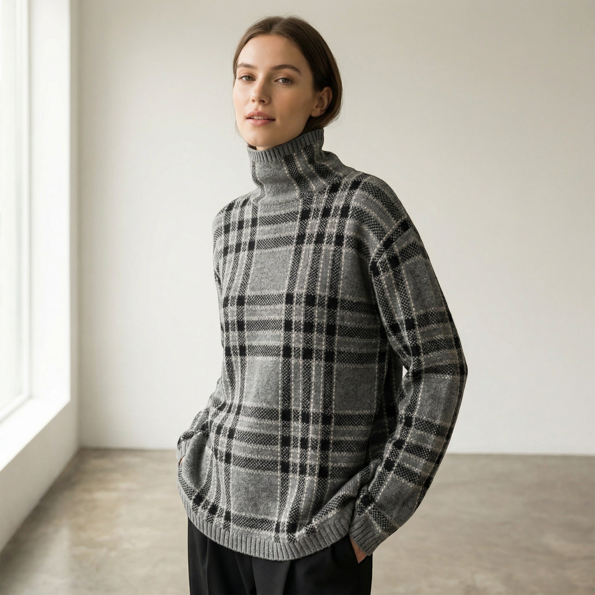 Tasoni grey wool turtleneck sweater with black plaid pattern. Model wearing sweater with hands in pockets.