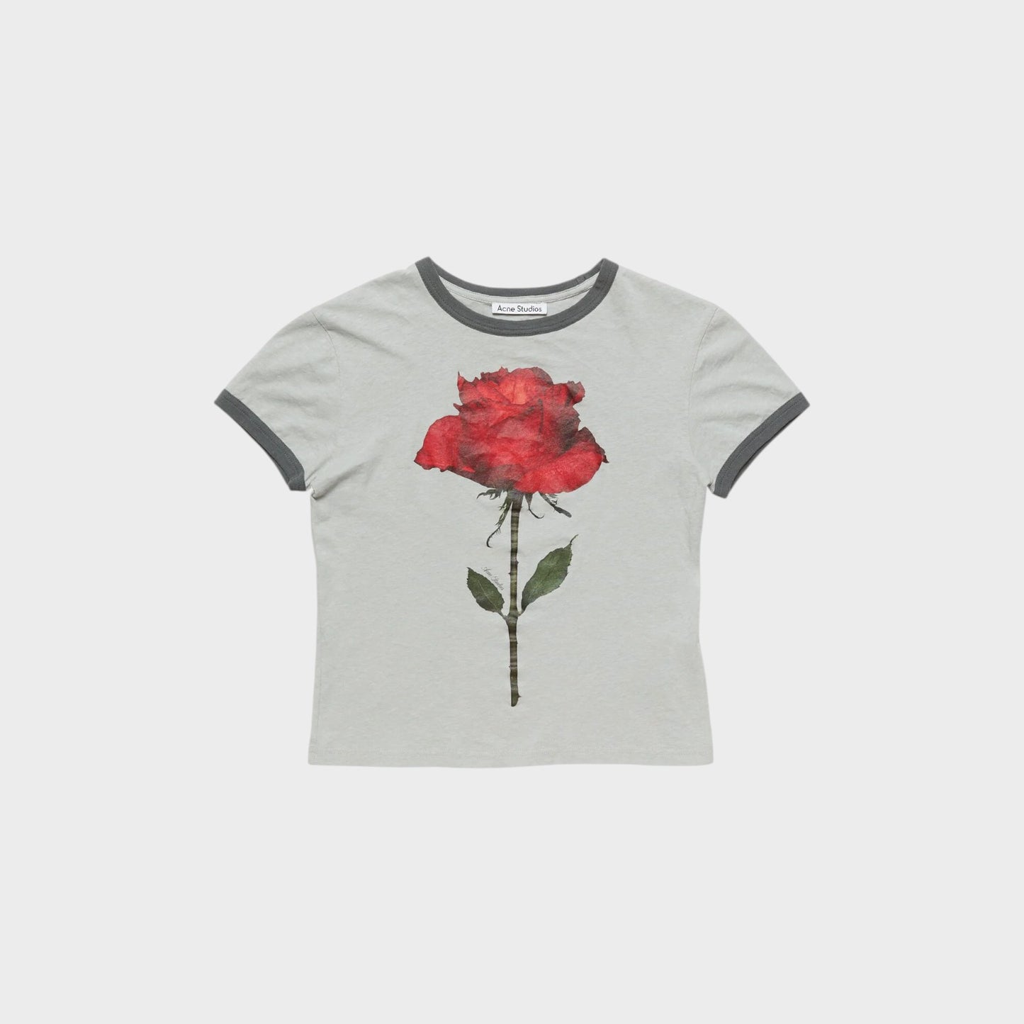Tasoni grey cotton crew neck t-shirt with a red rose print and contrasting grey trim.