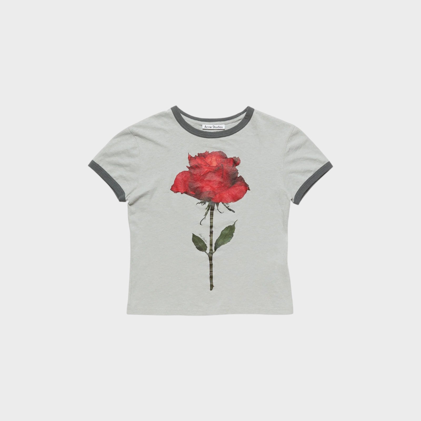 Tasoni grey cotton crew neck t-shirt with a red rose print and contrasting grey trim.