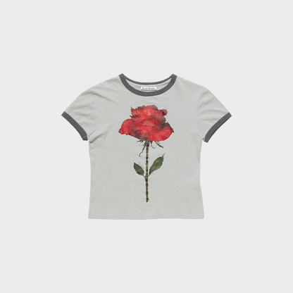 Tasoni grey cotton crew neck t-shirt with a red rose print and contrasting grey trim.