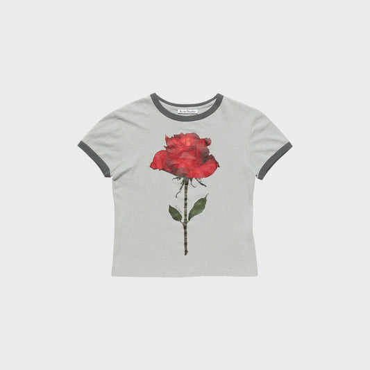 Tasoni grey cotton crew neck t-shirt with a red rose print and contrasting grey trim.