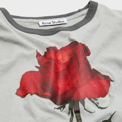 Tasoni Acne Studios grey cotton crew neck t-shirt with a large red rose print and grey trim.