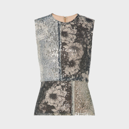 Tasoni Grey sequin crew neck sleeveless floral top with patchwork design.