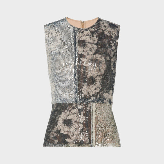 Tasoni Grey sequin crew neck sleeveless floral top with patchwork design.