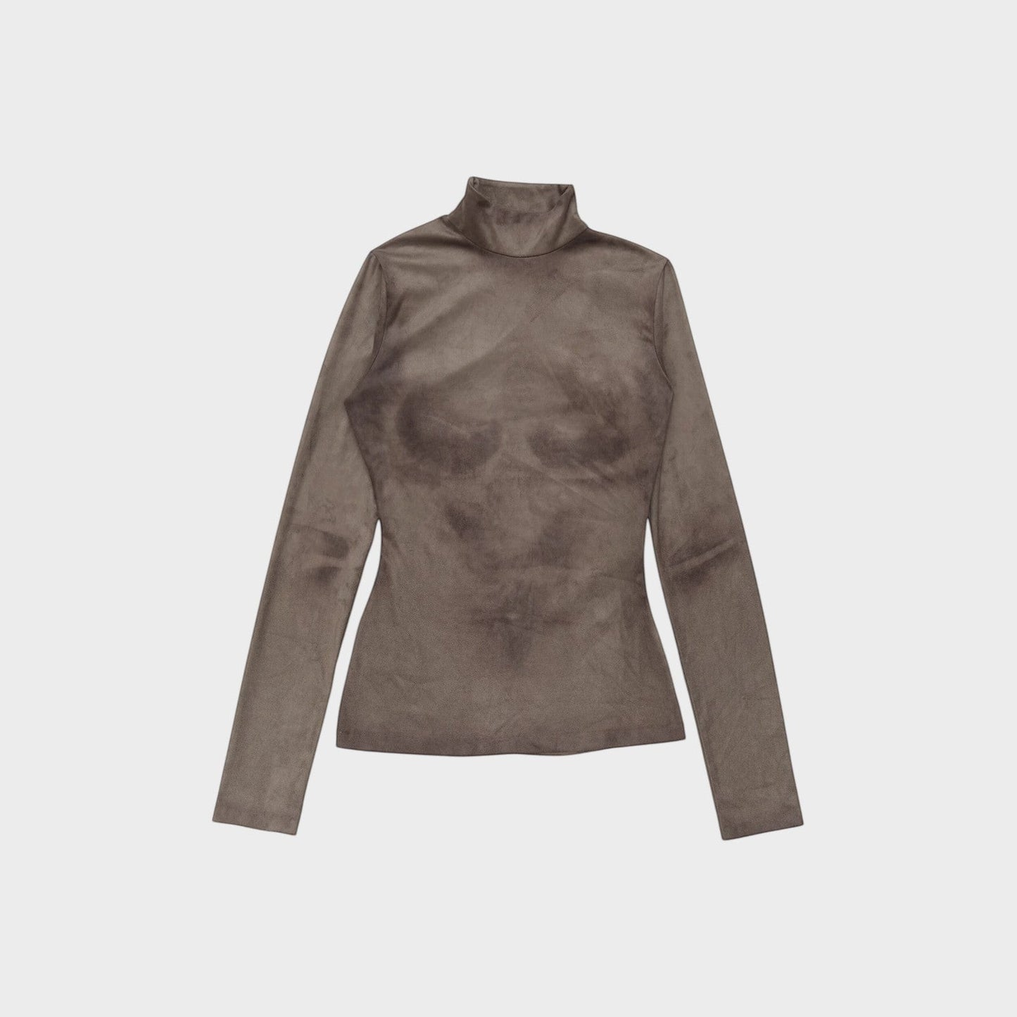 Tasoni grey high neck long sleeve top with trompe-l’œil body print. Suede-like material.