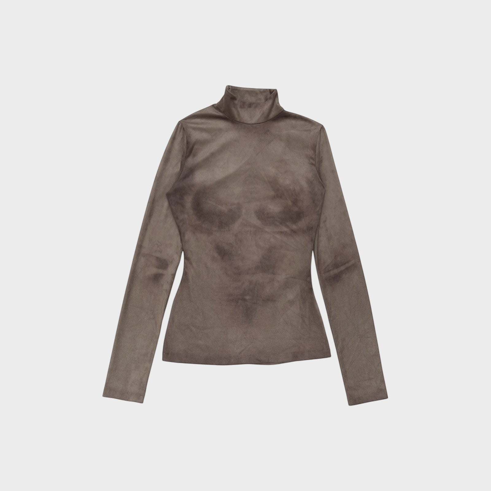 Tasoni grey high neck long sleeve top with trompe-l’œil body print. Suede-like material.