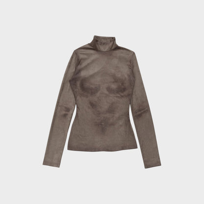 Tasoni grey high neck long sleeve top with trompe-l’œil body print. Suede-like material.