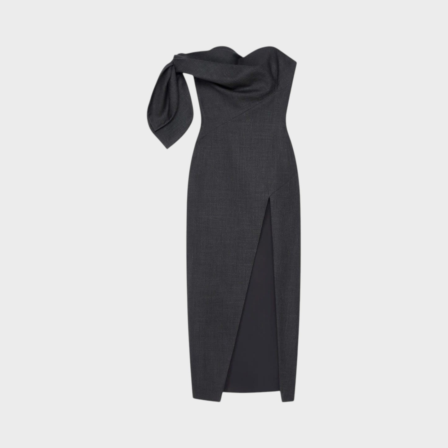 Tasoni Grey wool bustier long dress with a draped bow detail on the shoulder and a high slit.