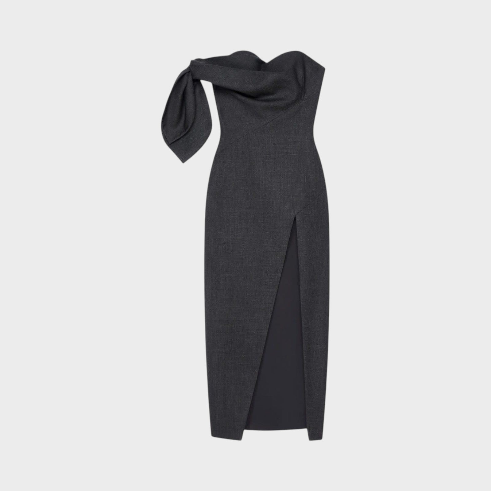 Tasoni Grey wool bustier long dress with a draped bow detail on the shoulder and a high slit.