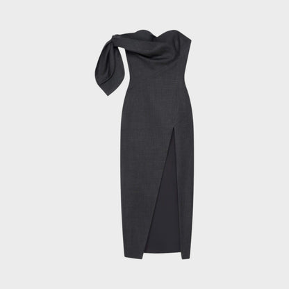 Tasoni Grey wool bustier long dress with a draped bow detail on the shoulder and a high slit.