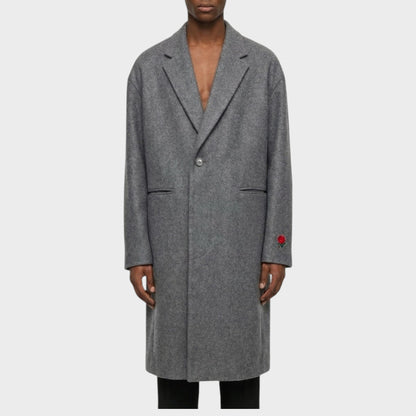 Tasoni charcoal grey wool and cashmere blend coat with rose embroidery on the sleeve. Men's long coat with classic lapels and single button closure.