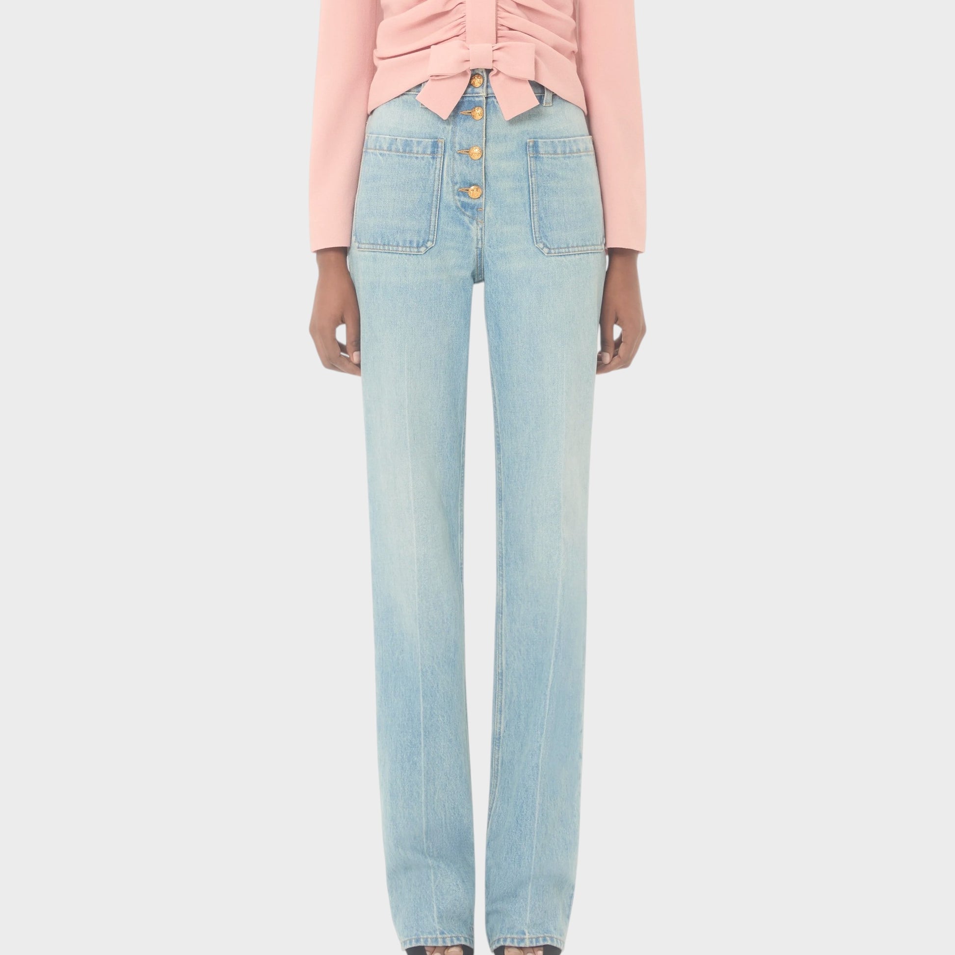 Tasoni light wash denim high-waisted straight-leg jeans with button fly and front pockets.