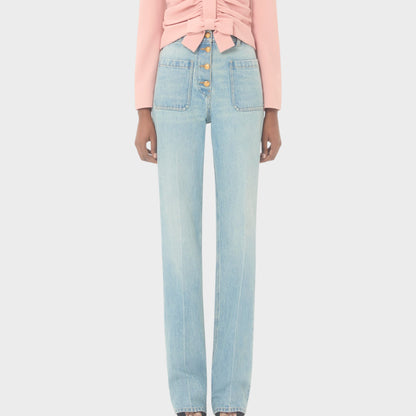 Tasoni light wash denim high-waisted straight-leg jeans with button fly and front pockets.
