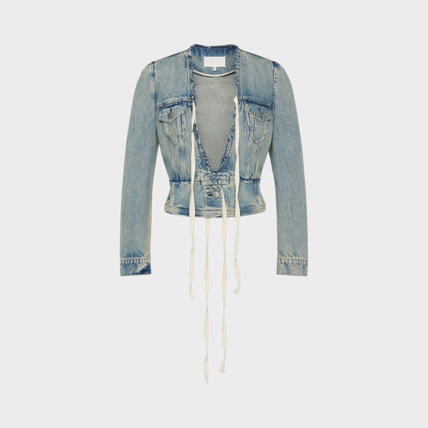 Tasoni Maison Margiela ice blue distressed denim V-neck jacket with corset lacing and frayed hem.