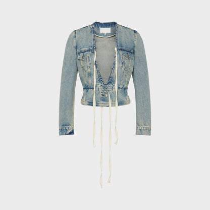 Tasoni Maison Margiela ice blue distressed denim V-neck jacket with corset lacing and frayed hem.