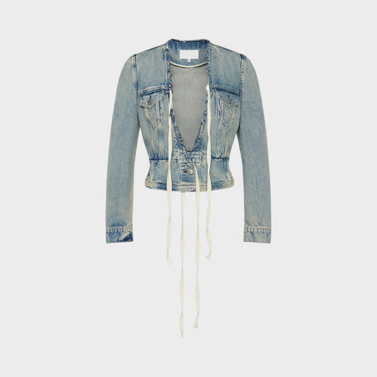 Tasoni Maison Margiela ice blue distressed denim V-neck jacket with corset lacing and frayed hem.