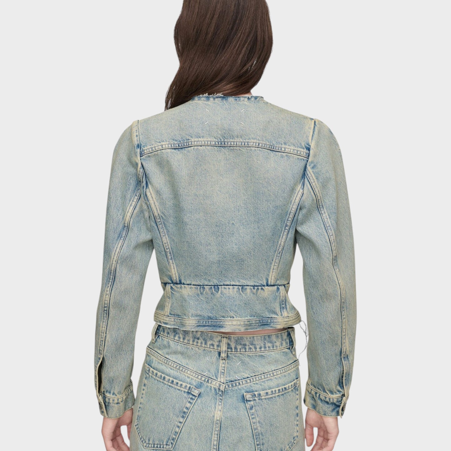 Tasoni Maison Margiela ice blue distressed denim V-neck sports jacket with raw hem detail.